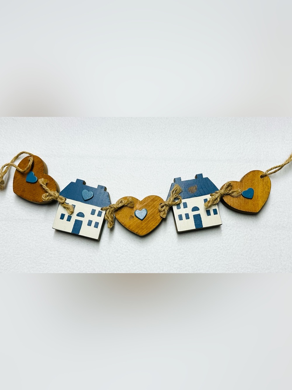 Wooden Heart House Garland Rustic Farmhouse Blue White Cottage Decor